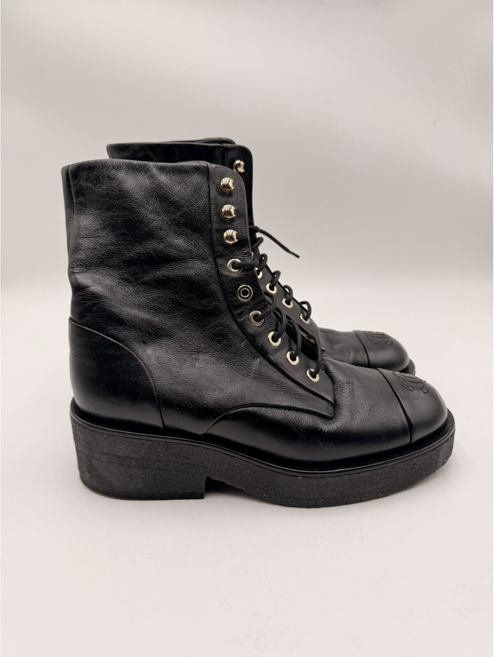 Chanel Interlocking CC Logo Black Leather Combat Boots Size 35
